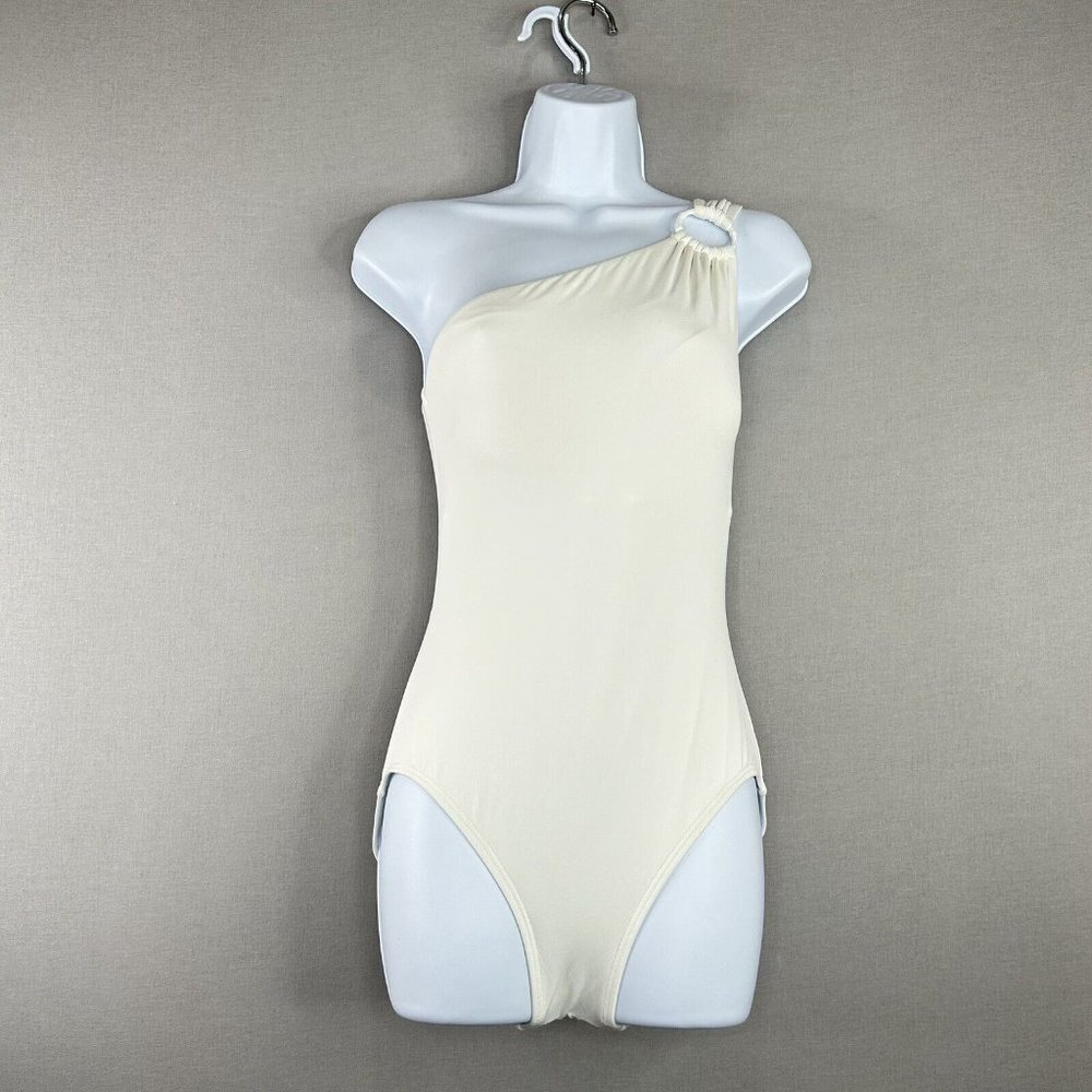 Carmen Marc Valvo Womens Swimwear 8 White One Piece One Shoulder Open Back Chic